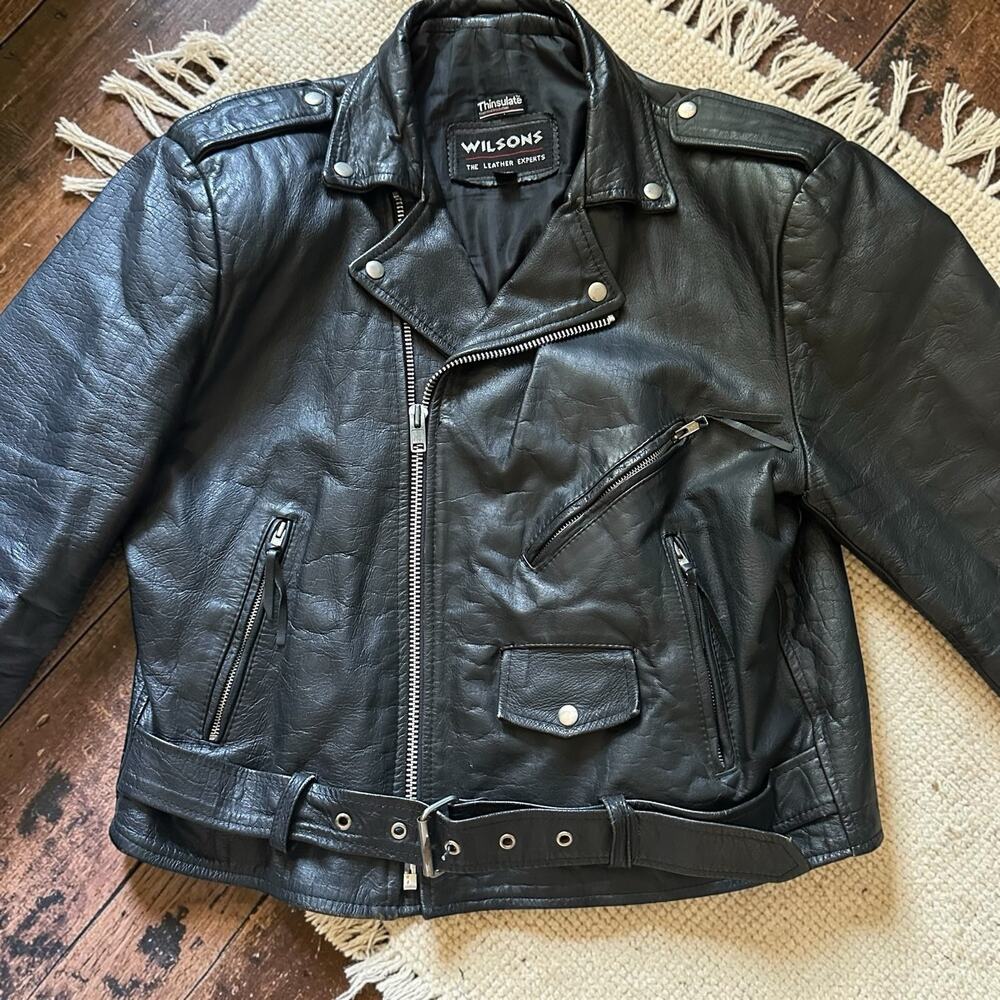 Vintage 90s Wilsons Leather Thinsulate Motorcycle Biker Jacket Black Mens XL